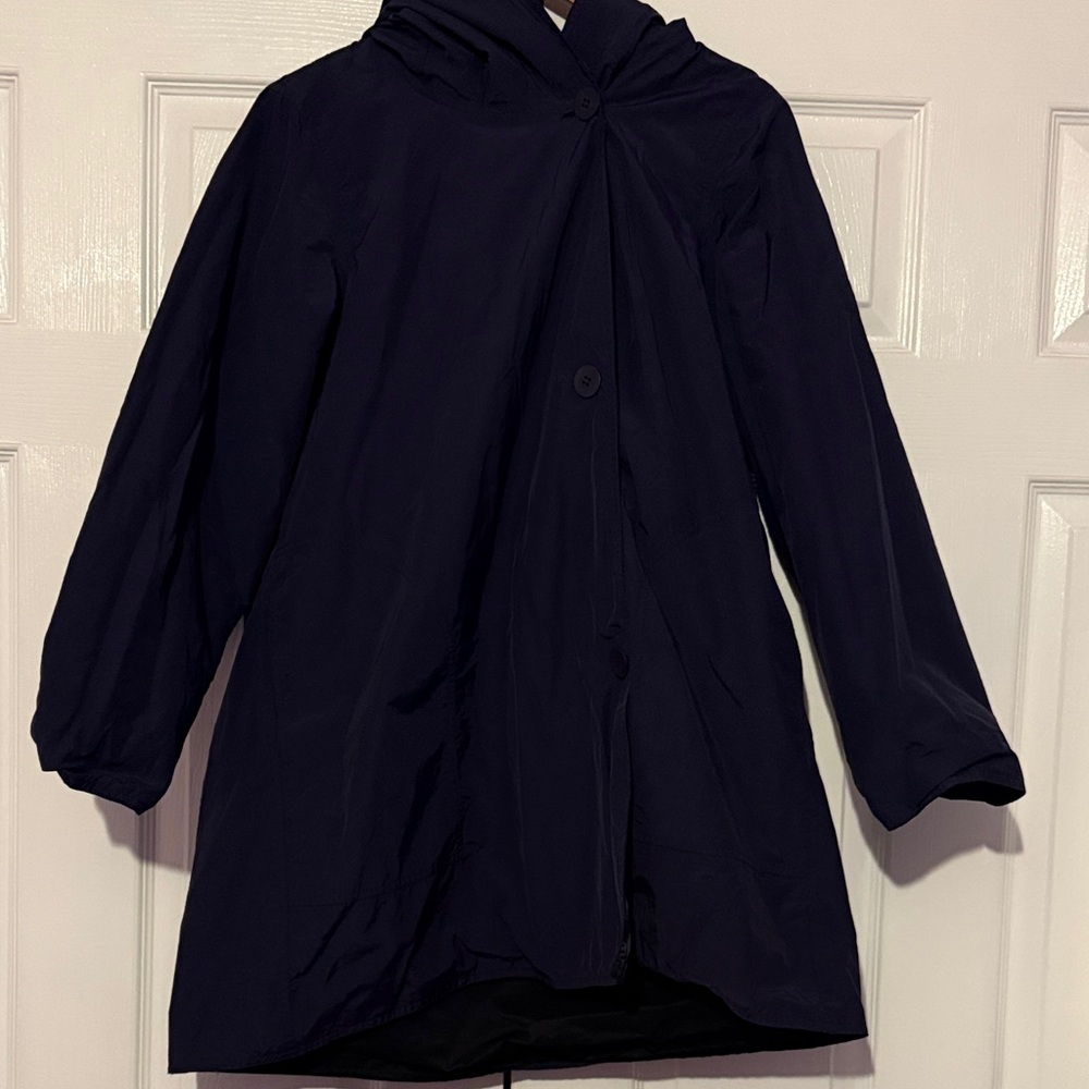 Eileen Fisher Reversible Women's Black And Blue Hooded Rain Coat Trench Coat Pl View 4